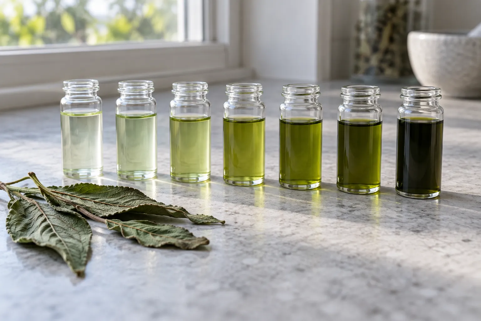 Seven small glass vials on a lab bench, the liquid deepening from pale to dark green, with dried salvia leaves beside them