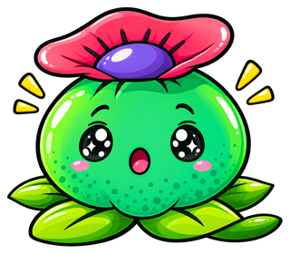 The Avalon Magic Plants mascot, a round green cactus with a pink flower, looking surprised